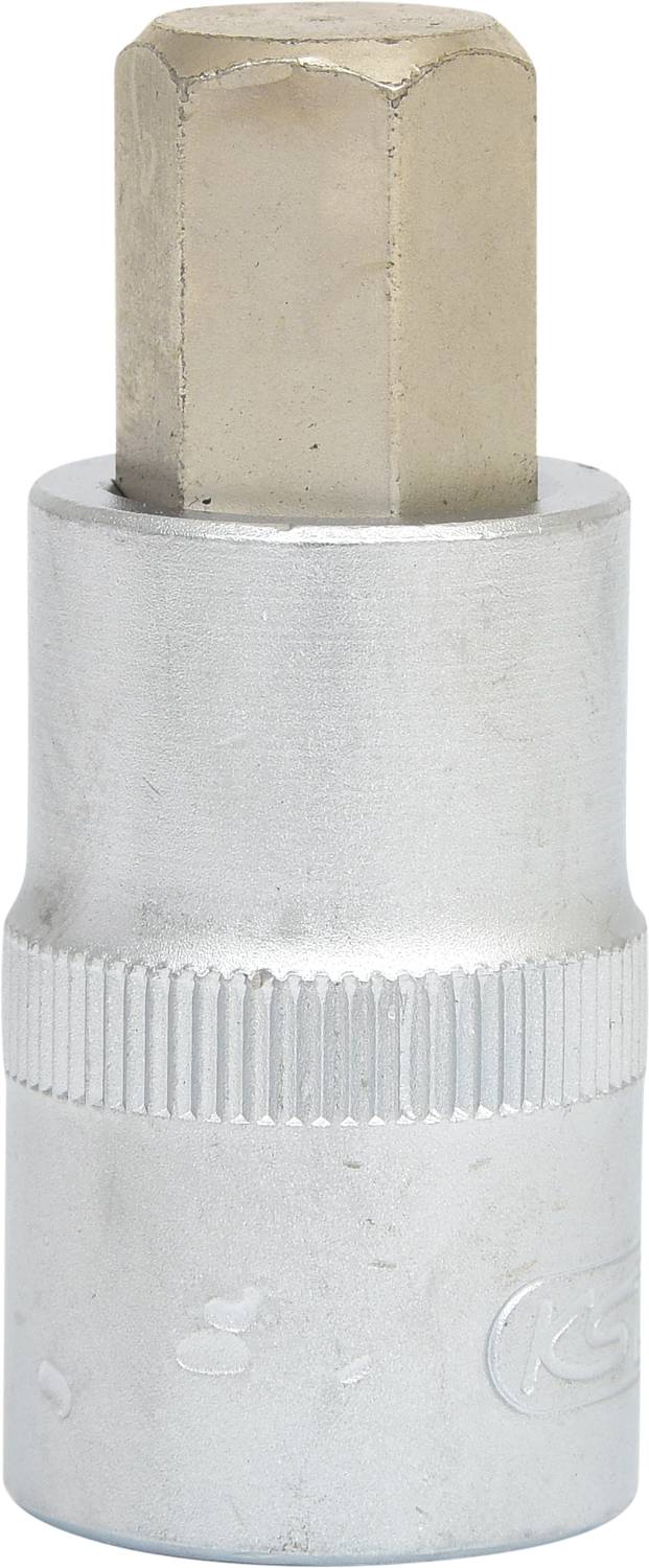 Silberfarbener Steckschlüssel mit sechskantigem Innenprofil. Geeignet zum Lösen oder Anziehen von Schrauben und Muttern.