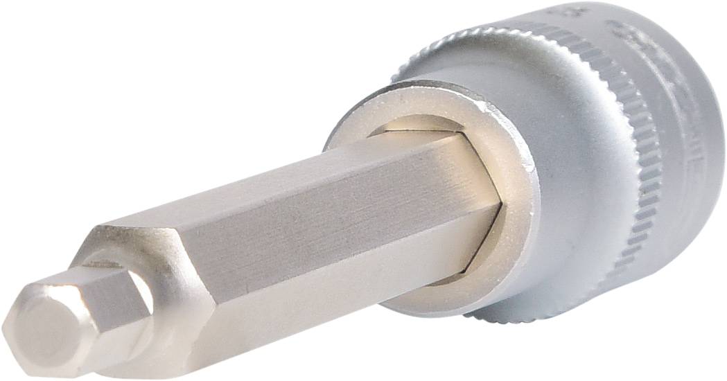 Nahaufnahme eines silbernen Inbusschraubendrehers mit sechseckigem Kopf, aus Metall gefertigt, auf weißem Hintergrund.