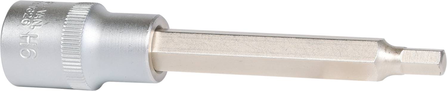 Sechskant-Bit-Stecknuss aus Metall, Silberfarbe, mit sechseckigem Schaft und gerändeltem Griff. Geeignet für Schraubhülsen.