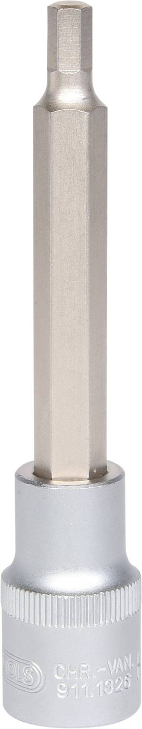 Eine silberne Stecknuss mit langem Sechskant-Aufsatz. Sie dient zum Lösen oder Festziehen von Schrauben.