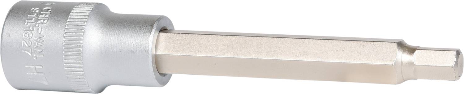 Ein silberner Sechskant-Bitaufsatz für einen Steckschlüssel, zur Verwendung in Hand- oder Elektrowerkzeugen.
