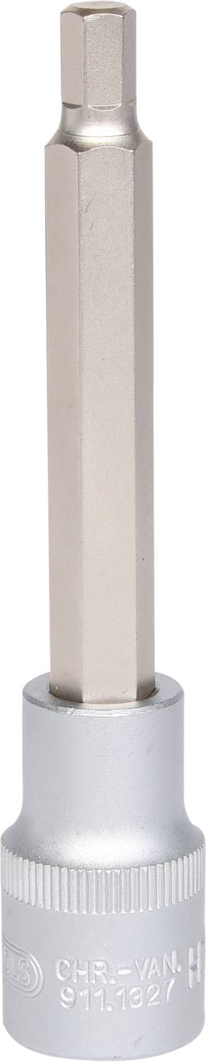 Sechskant-Steckschlüssel-Einsatz mit langem Hex-Bit in silbernem Metall, geeignet für Reparaturen oder Montagearbeiten.