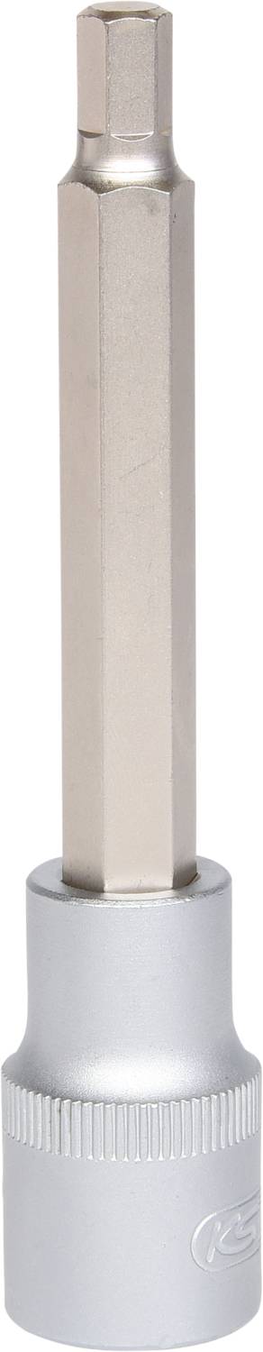 Ein silberfarbener Sechskant-Bitaufsatz, vertikal ausgerichtet, bestehend aus einer langen, sechseckigen Metallstange mit einem runden Sockel.