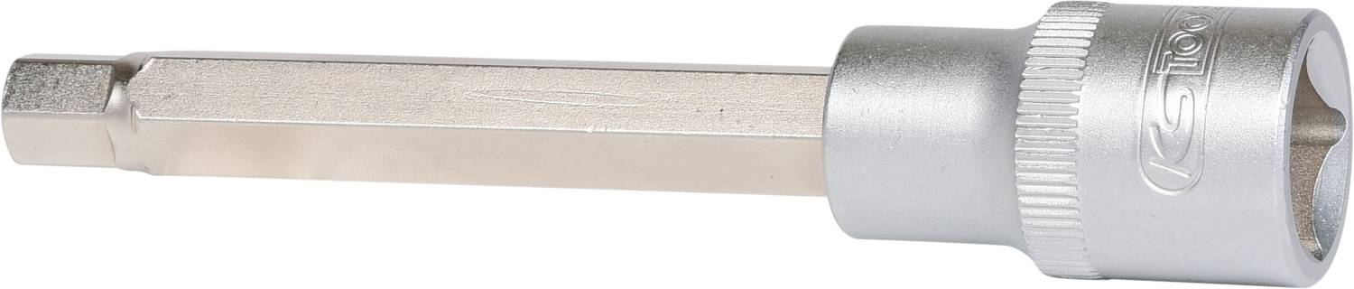 Silberfarbener Bitadapter mit quadratischer Antriebsseite und sechskantiger Befestigungsseite. Wird zum Befestigen von Bits verwendet.