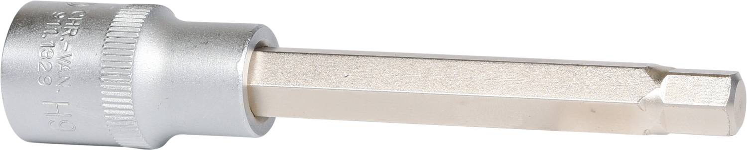Ein sechskantiger Steckschlüsselaufsatz aus Metall, üblicherweise zum Lösen oder Festziehen von Schrauben mit passendem Profil verwendet.