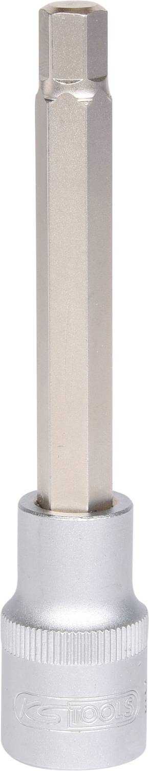 Ein silberner Werkzeugaufsatz mit sechseckiger Spitze für Schrauben- oder Bolzenarbeiten, vor weißem Hintergrund.