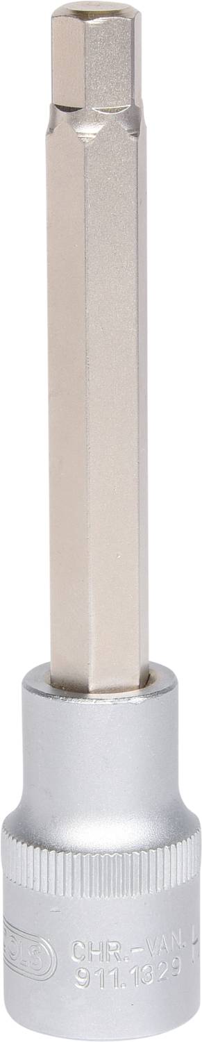 Ein silberfarbener Sechskant-Bit-Einsatz mit langem Schaft und zylindrischem Grund, typisches Werkzeugzubehör.