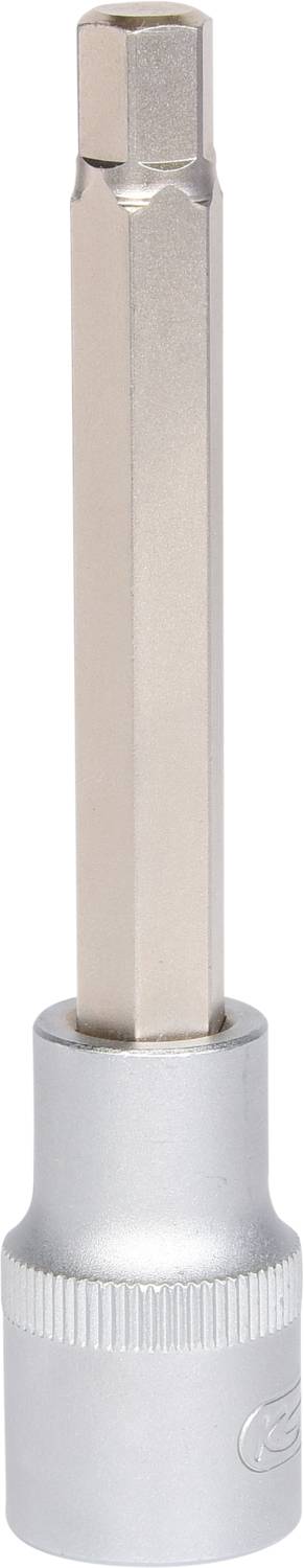 Ein silberner Sechskant-Steckschlüssel mit langem Schaft zur Verwendung mit Schraubendrehern oder Ratschen, geeignet für Sechskantschrauben.