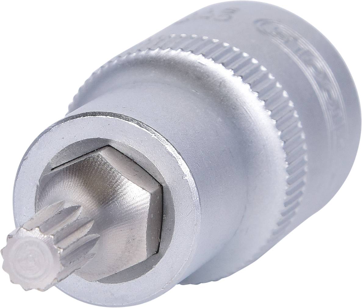 Nahaufnahme eines silbernen Werkzeugs mit gezacktem Ende, möglicherweise ein Bit-Aufsatz für einen Schraubendreher.