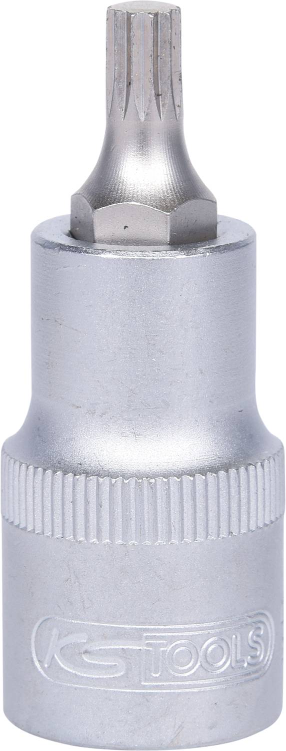 Torx-Bit-Aufsatz mit silbernem Metallfinish, geriffeltem Griff und graviertem Firmenlogo.