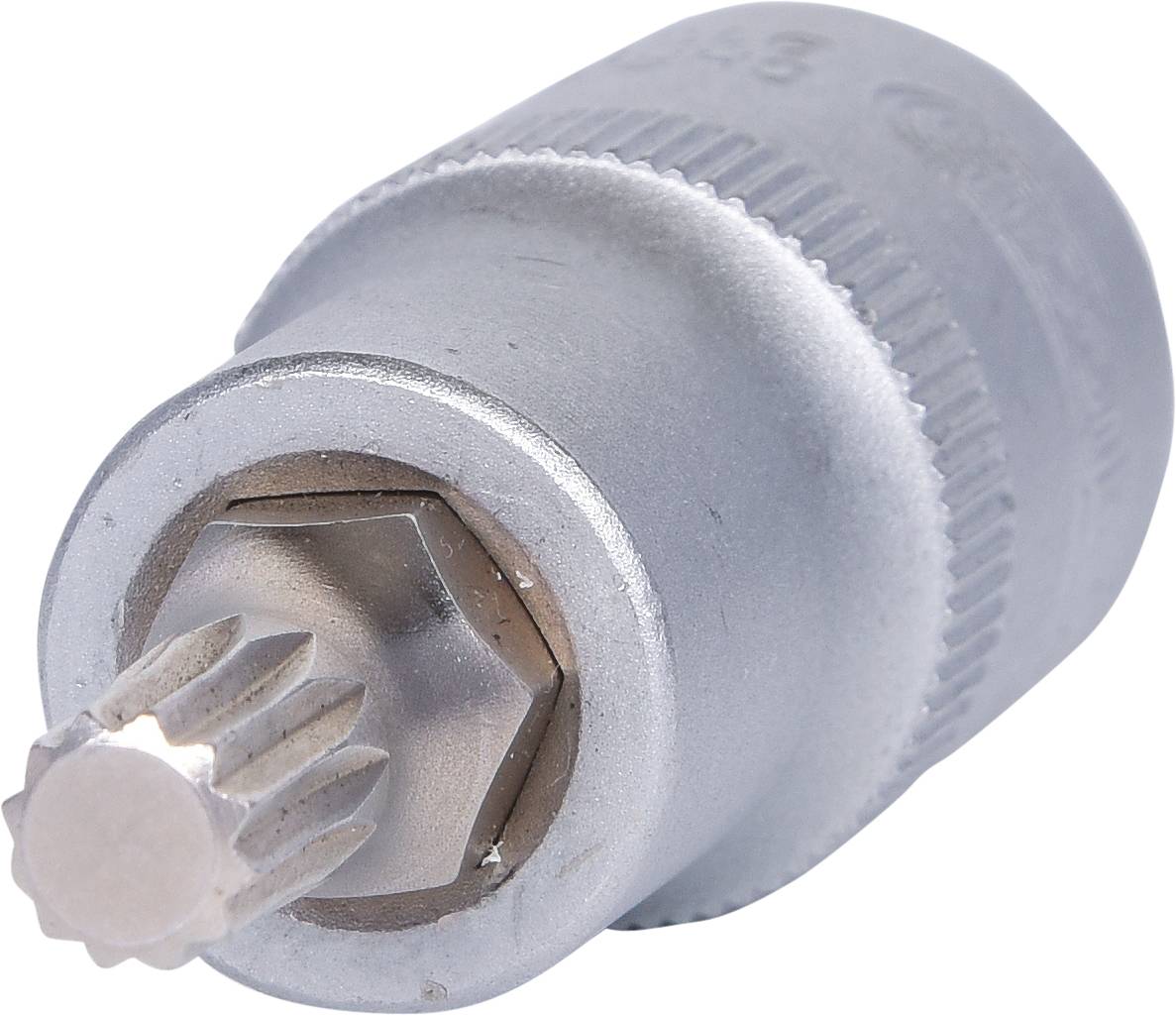 Stecknuss-Werkzeug aus Metall, zylindrisch mit Rändelung zur besseren Griffigkeit. Verwendet für spezifische Schraubverbindungen.