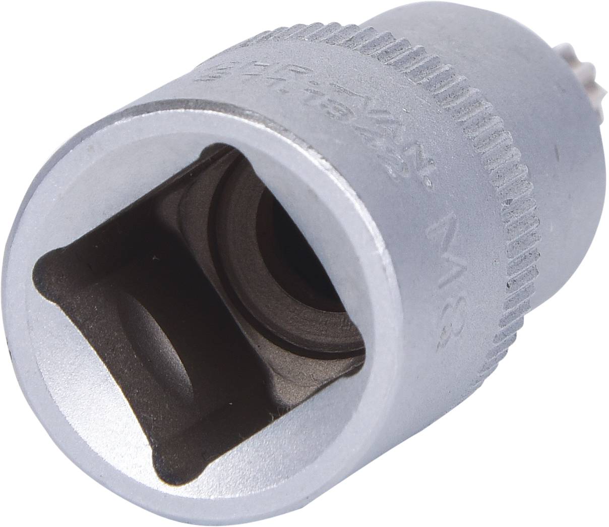 Ein silbernes Sechskantwerkzeug mit einem Loch in der Mitte, geeignet für Muttern oder Schrauben. Hauptsächlich aus Metall gefertigt.