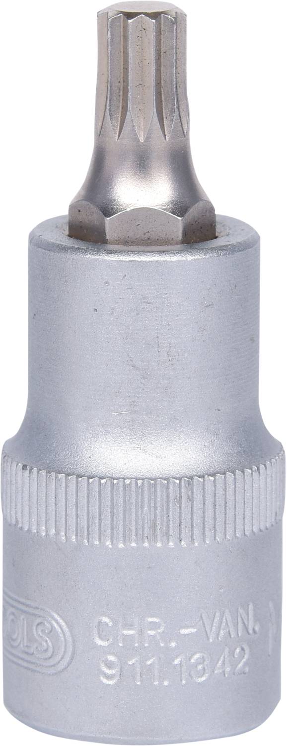 Eine silberne Sechskant-Bitnuss mit CR-VAN-Gravur, verwendet für Schraubarbeiten in technischen oder mechanischen Kontexten.