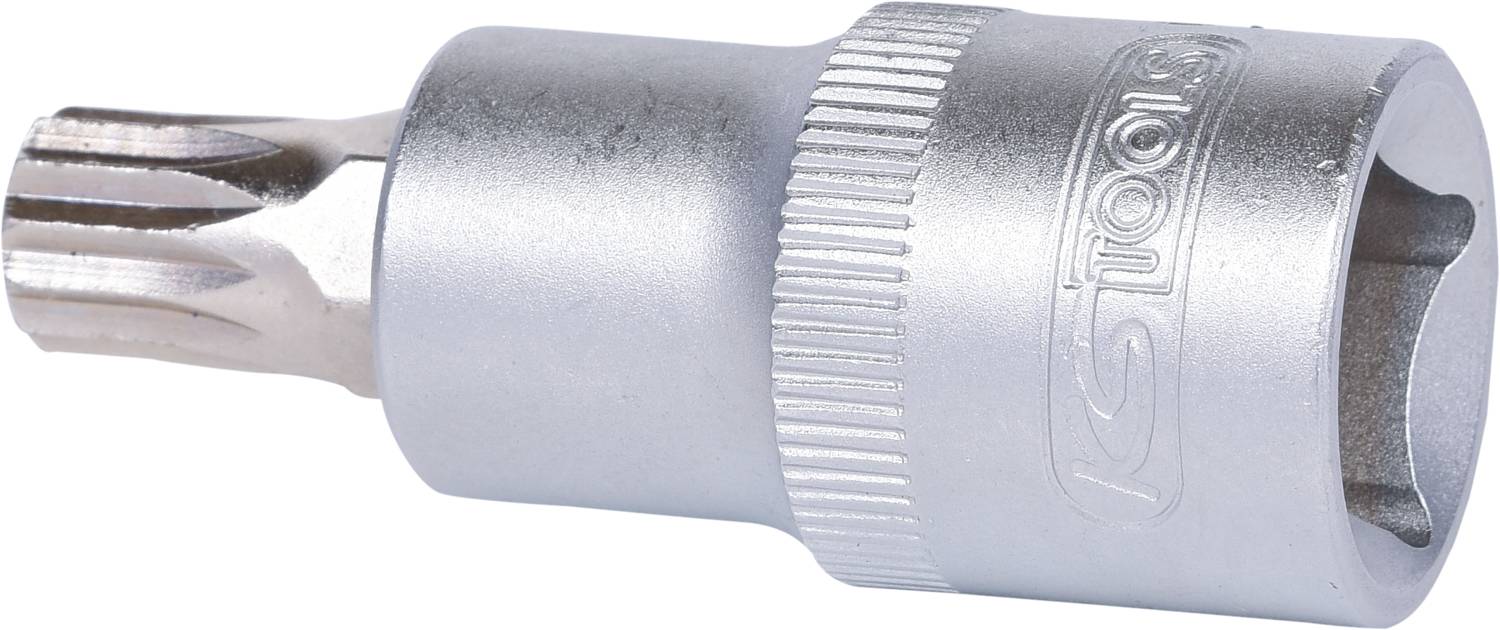 Silberne Stecknuss mit Torx-Profil und geriffeltem Mittelteil für besseren Halt. Markenlogo auf der Seite eingraviert.