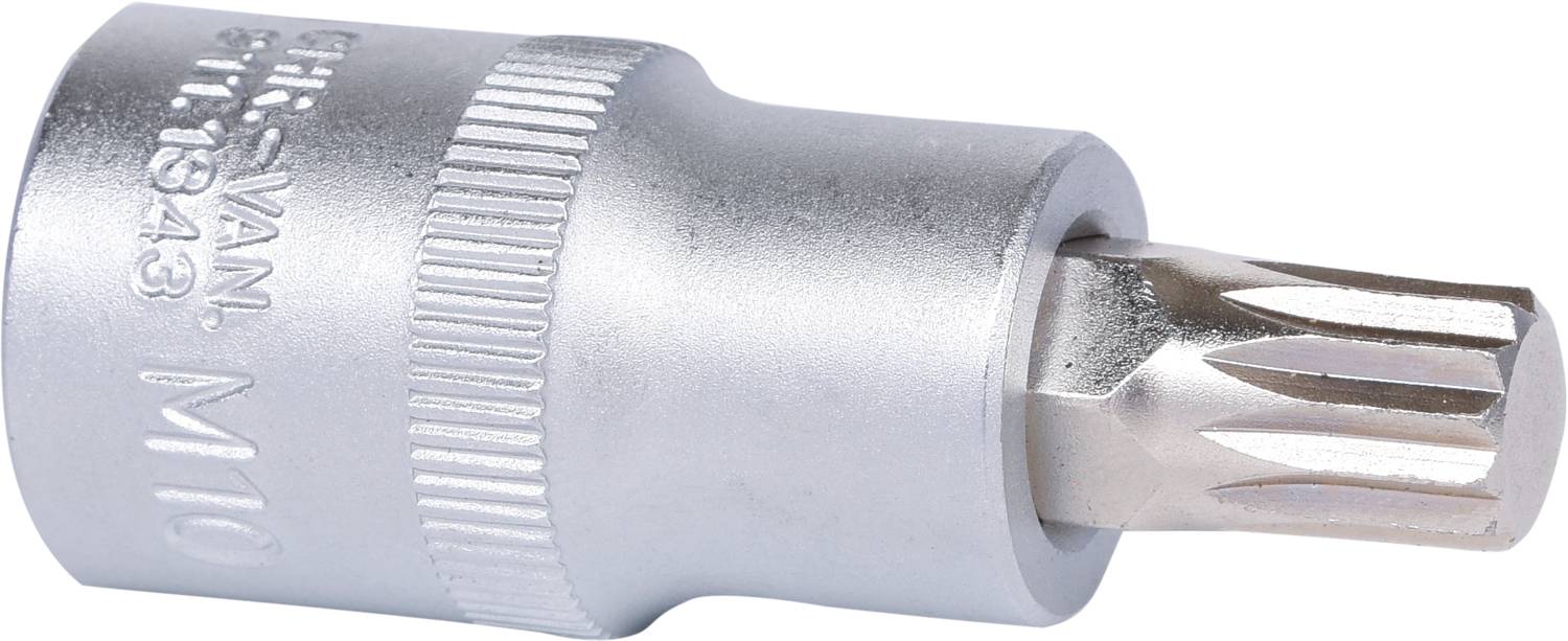 Ein silbernes Werkzeug mit sechseckigem Griff und sternförmiger Spitze, auf dem 'M10' eingraviert ist. Es wird für Schraubarbeiten verwendet.