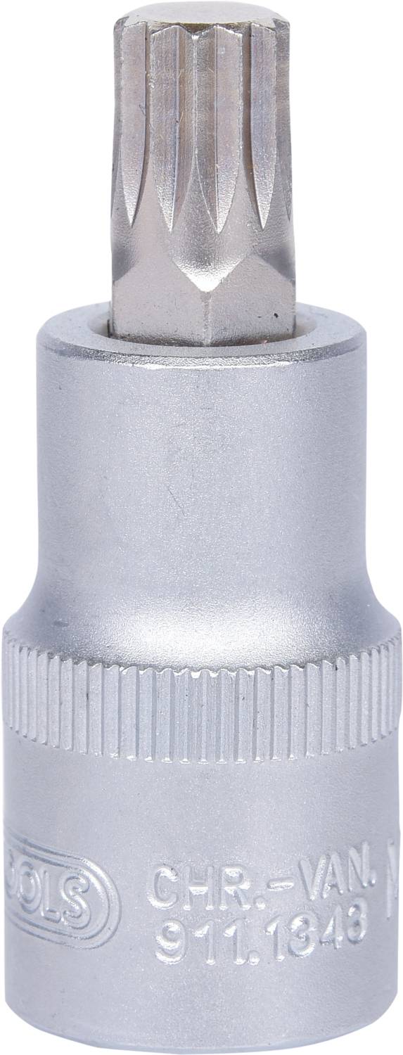 Ein silberner Torx-Aufsatz für Werkzeug, mit geriffeltem Griff für besseren Halt. Er zeigt Herstellerinformationen auf der Seite.