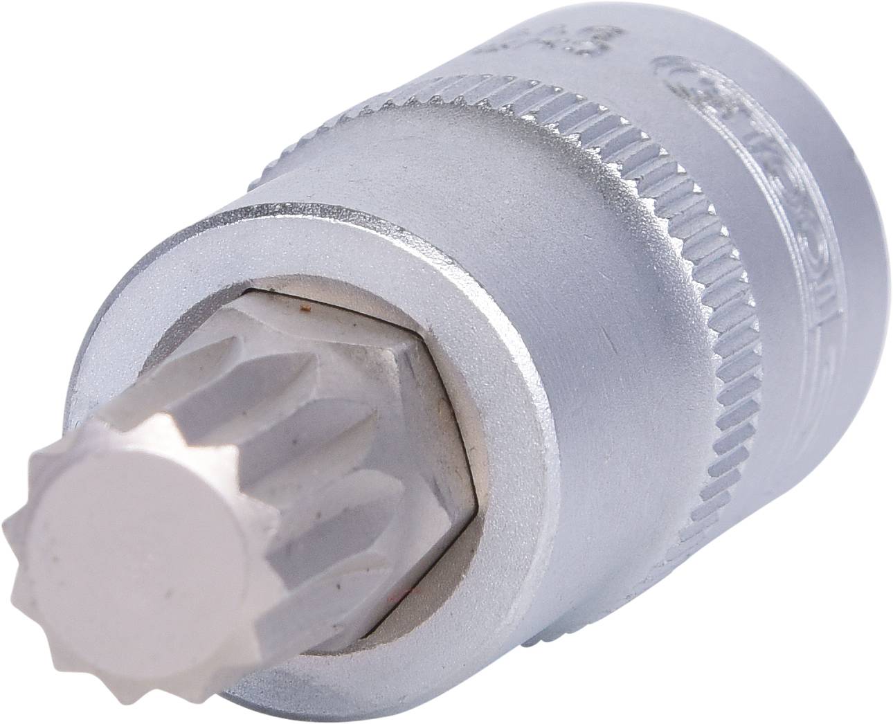 Ein silberner Vielzahn-Bit für Werkzeuge, mit geriffeltem Griff für besseren Halt.