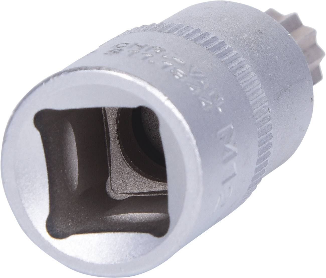 Steckschlüsselaufsatz mit quadratischem Ende, passend für Stecknüsse. Silberne Metallkonstruktion, genoppt für besseren Halt.