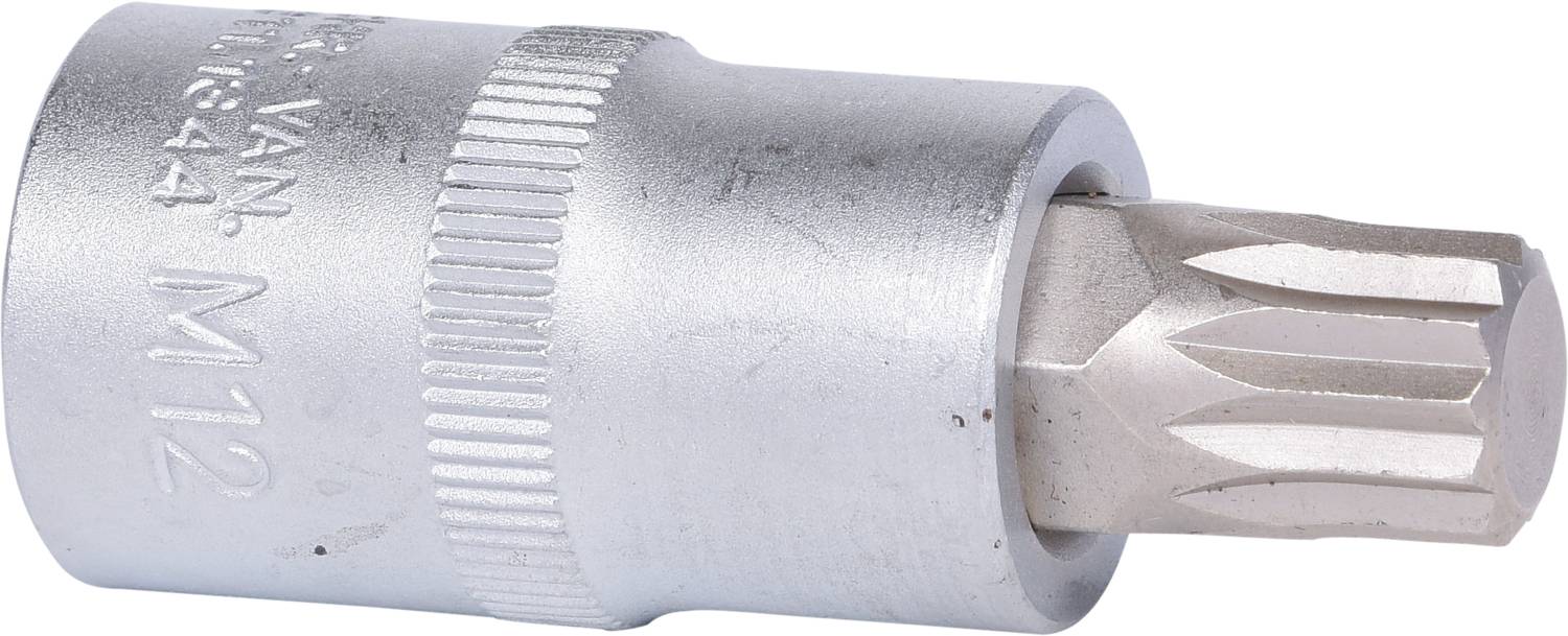 Bitschlüssel mit Torx-Profil, Größe M12, aus silbernem Metall. Ideal zum Anziehen oder Lösen von Schrauben mit Torx-Kopf.