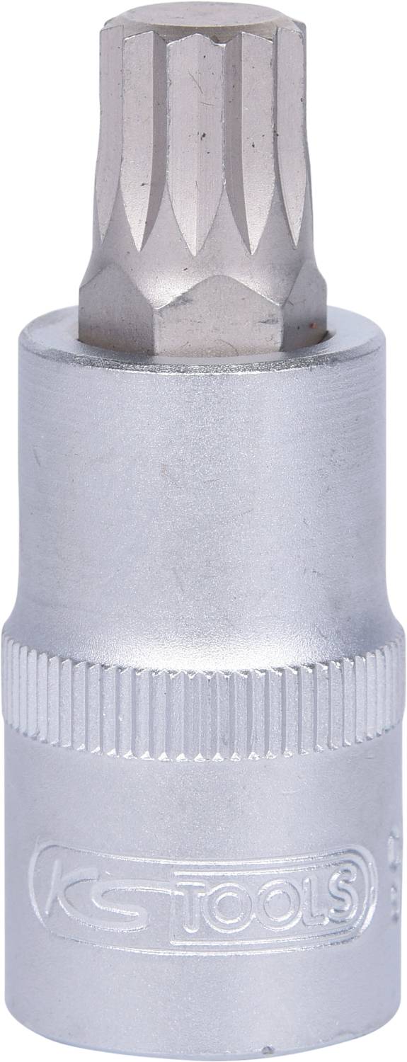 Zylindrisches Metallwerkzeug mit geriffeltem Griff und einem sternförmigen Einsatz am Ende, verwendet zum Schrauben.