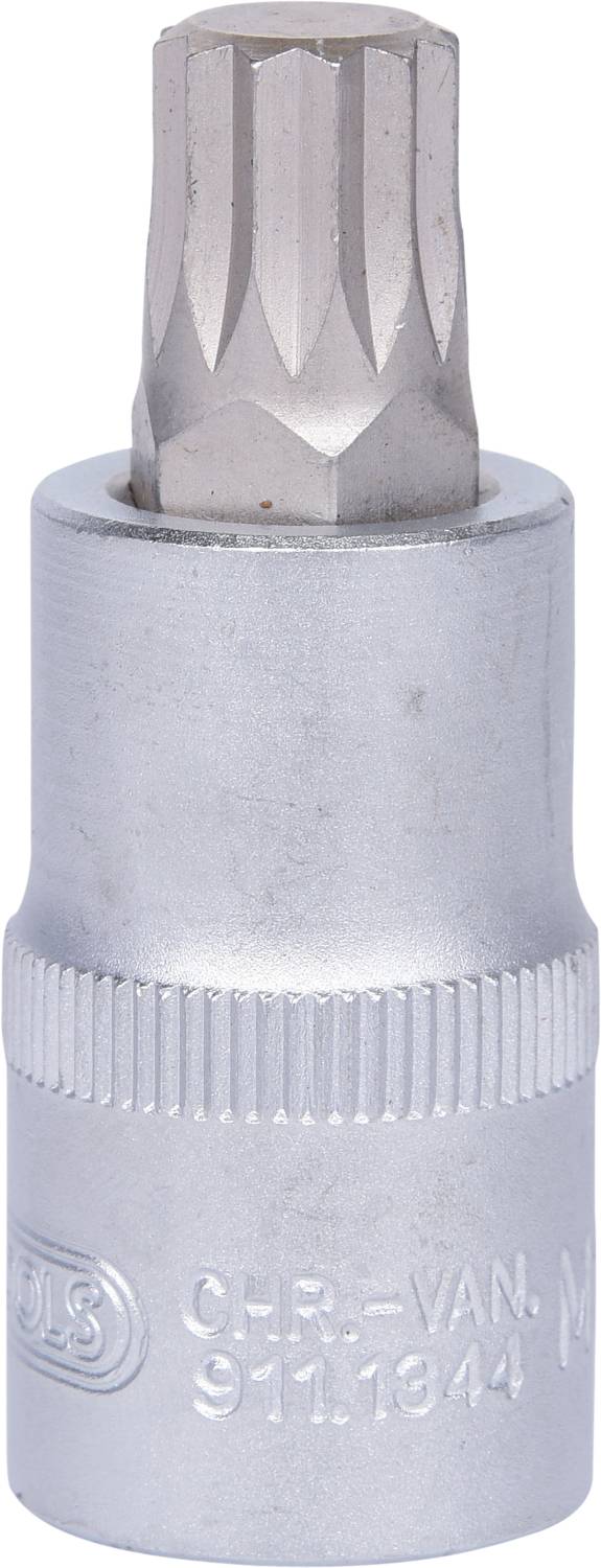 Ein silberner Bitaufsatz aus Metall mit einer Außensechsrundform. Darauf steht 'CHR.-VAN. 911.1844'. Used for attaching to a wrench.