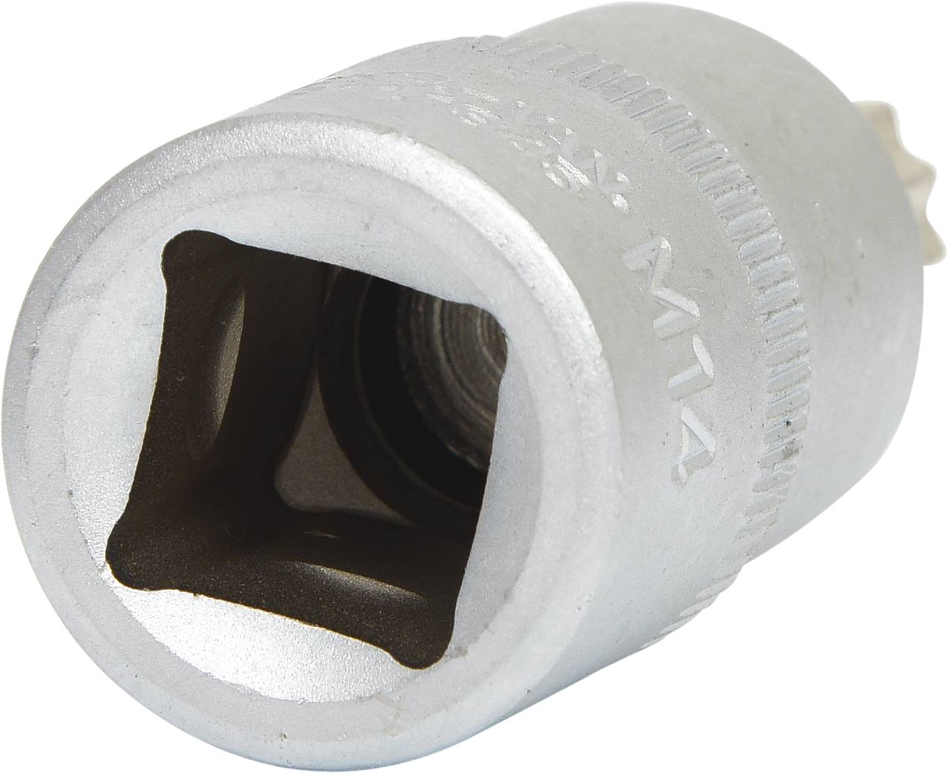 Metall-Schraubeinsatz mit quadratischer Öffnung und geriffelter Kante, auf der 'M14' eingraviert ist. Verwendet für Schraubarbeiten.