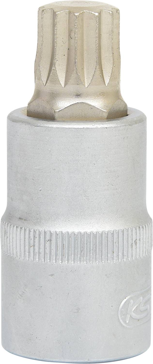 Ein silberner Steckschlüsselaufsatz mit geriffelter Oberfläche und sternförmigem Innenteil.用于机械 oder handwerkliche Arbeiten.