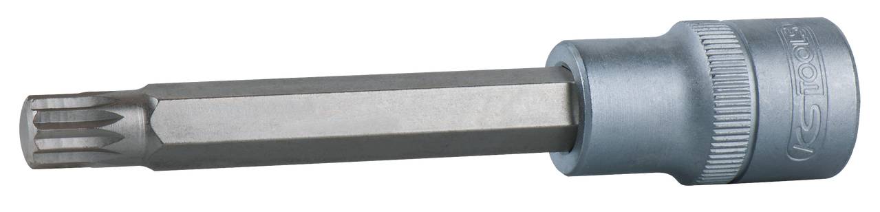 Ein silberner Torx-Bitaufsatz mit sechseckigem Schaft und Rillen am Kopf, geeignet für Schrauben mit Torx-Profil.