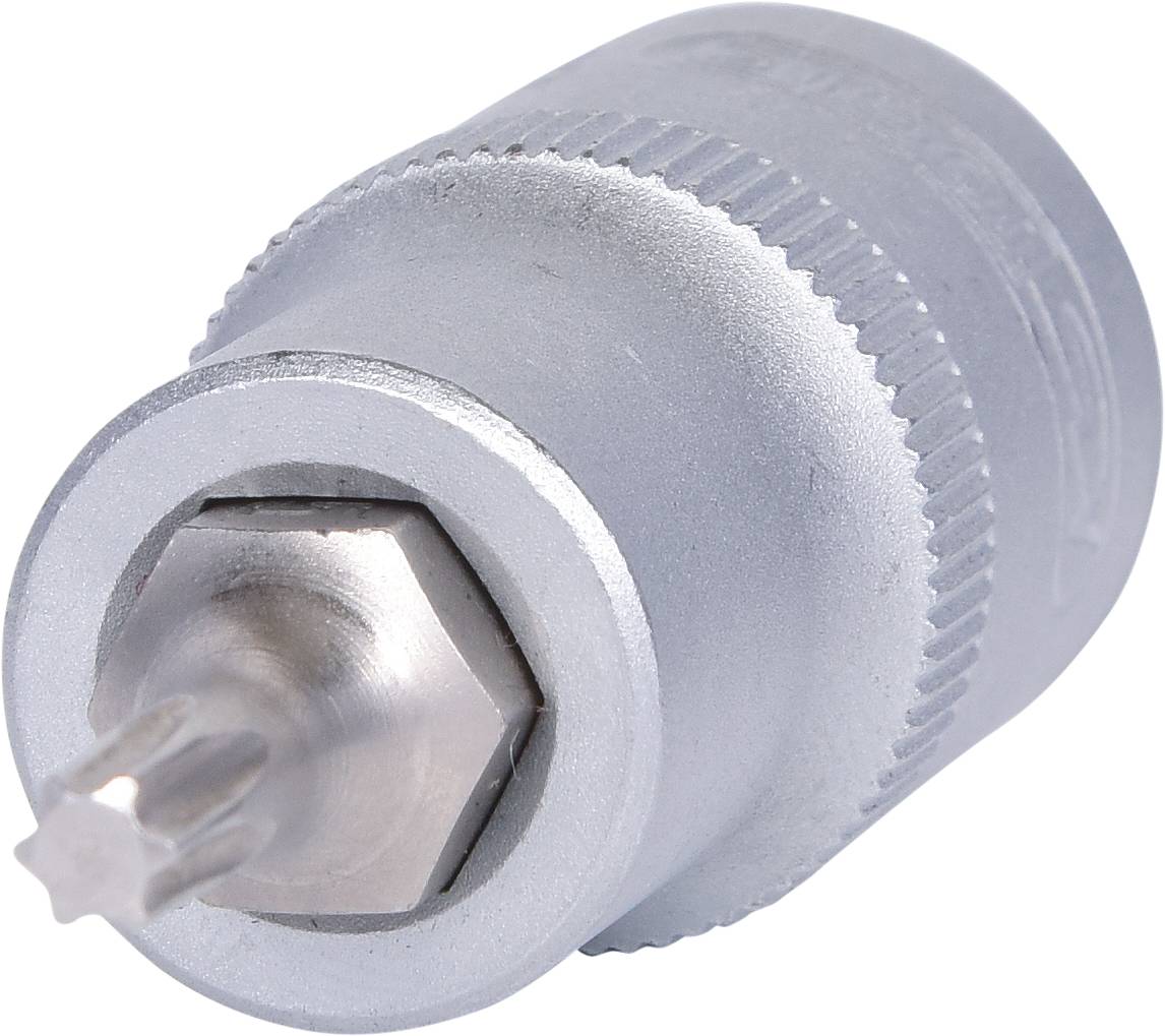 Ein silberner Torx-Bitaufsatz, zylindrisch mit einer sternförmigen Spitze, geeignet für Schraubendreher oder Steckschlüssel.