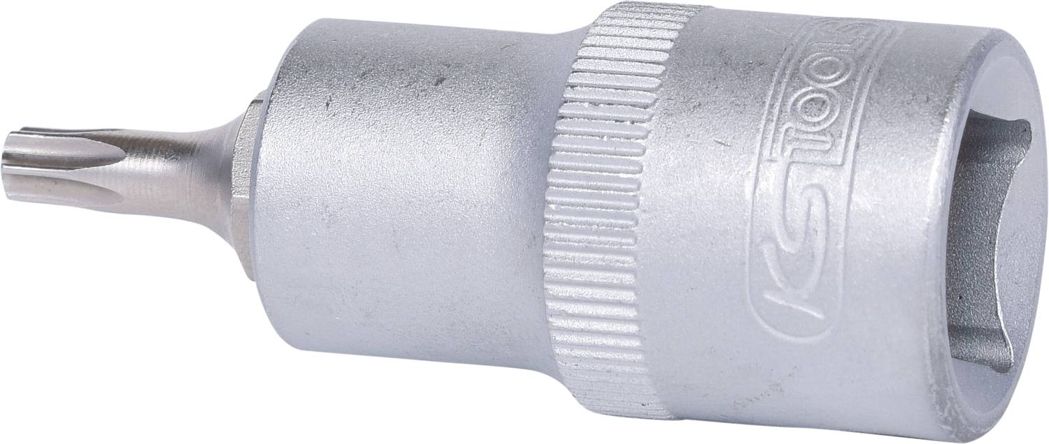 Ein silberner Steckschlüsseleinsatz mit Torx-Bit. Das Werkzeug hat geriffelte Seiten für besseren Halt und ist geeignet für Torx-Schrauben.
