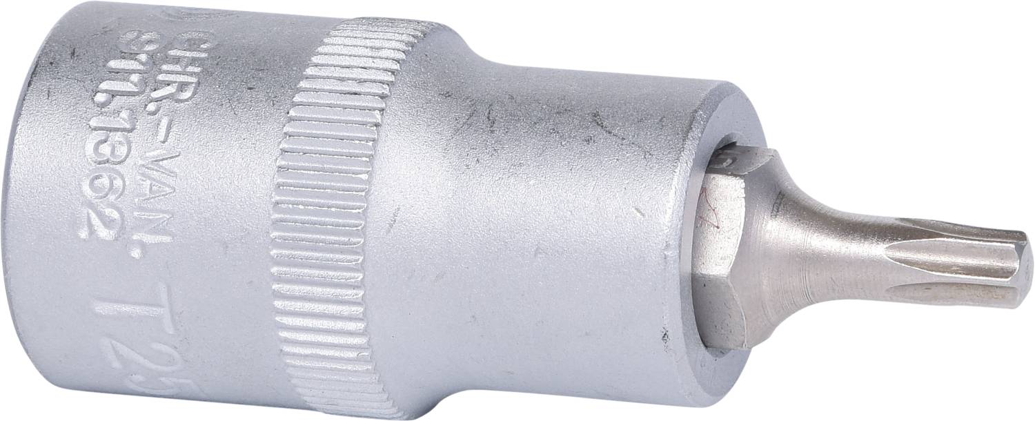 Schraubendrehereinsatz mit T25 Torx-Spitze, zylindrische Form, aus Metall, gerändelte Grifffläche für besseren Halt.