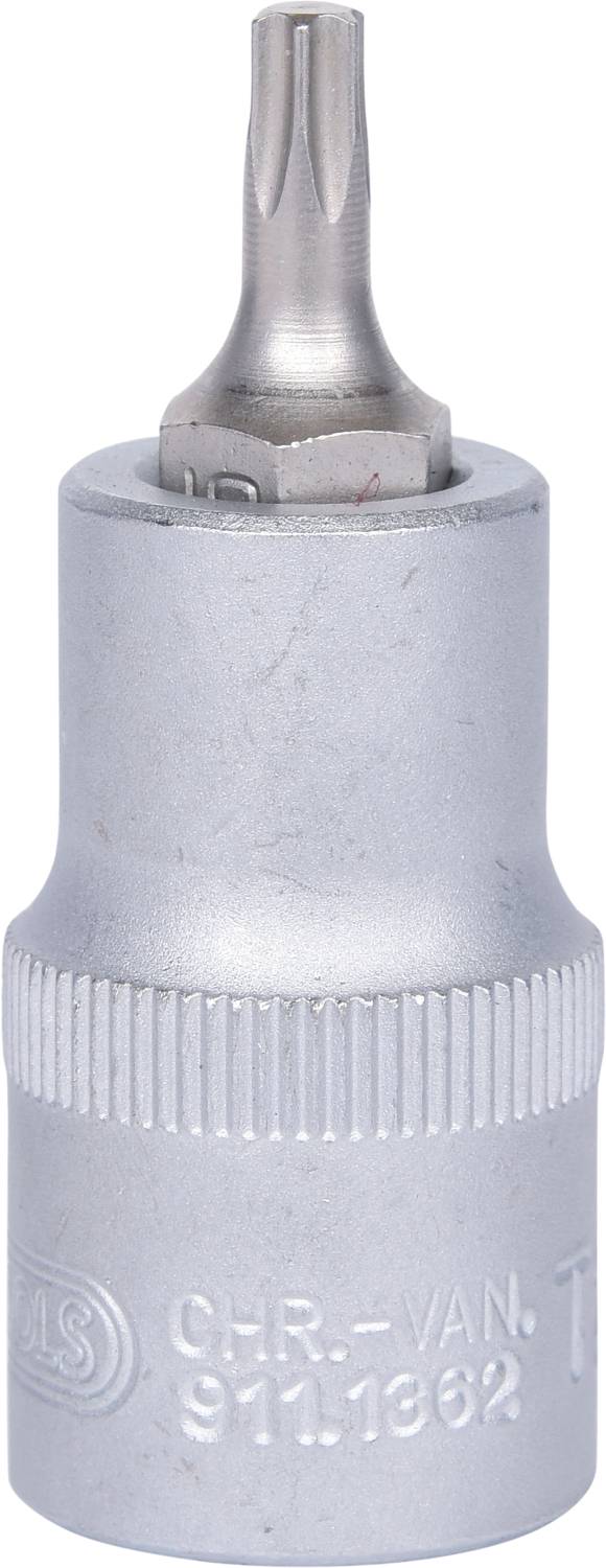 Silberner Schraubendreheraufsatz mit Torx-Kopf, geeignet für Arbeiten an Fahrzeugen oder Maschinen, aus Chrom-Vanadium-Stahl.