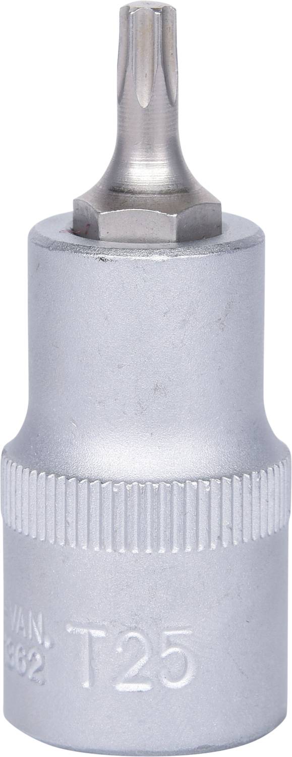Ein silberfarbener T25 Torx-Bitaufsatz mit geriffeltem Griff und sechskantiger Aufnahme für Schraubenschlüssel.