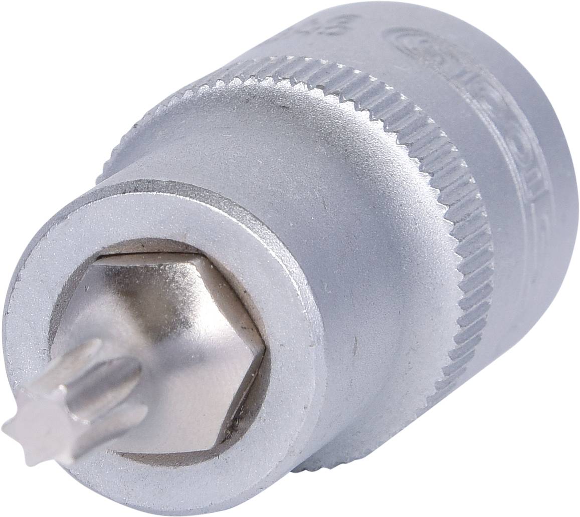 Silberne Torx-Stecknuss, seitlich liegend, mit gerändeltem Griff und sternförmigem Sechskant-Profil an der Spitze.