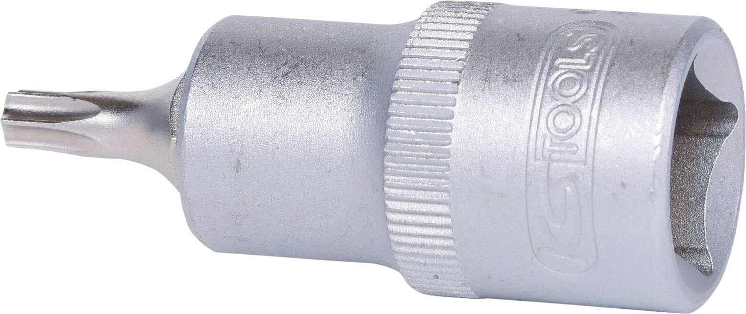 Ein silberner Torx-Bit Steckschlüsselaufsatz mit geriffeltem Griff, geeignet für Arbeiten an Schrauben mit Torx-Profil.