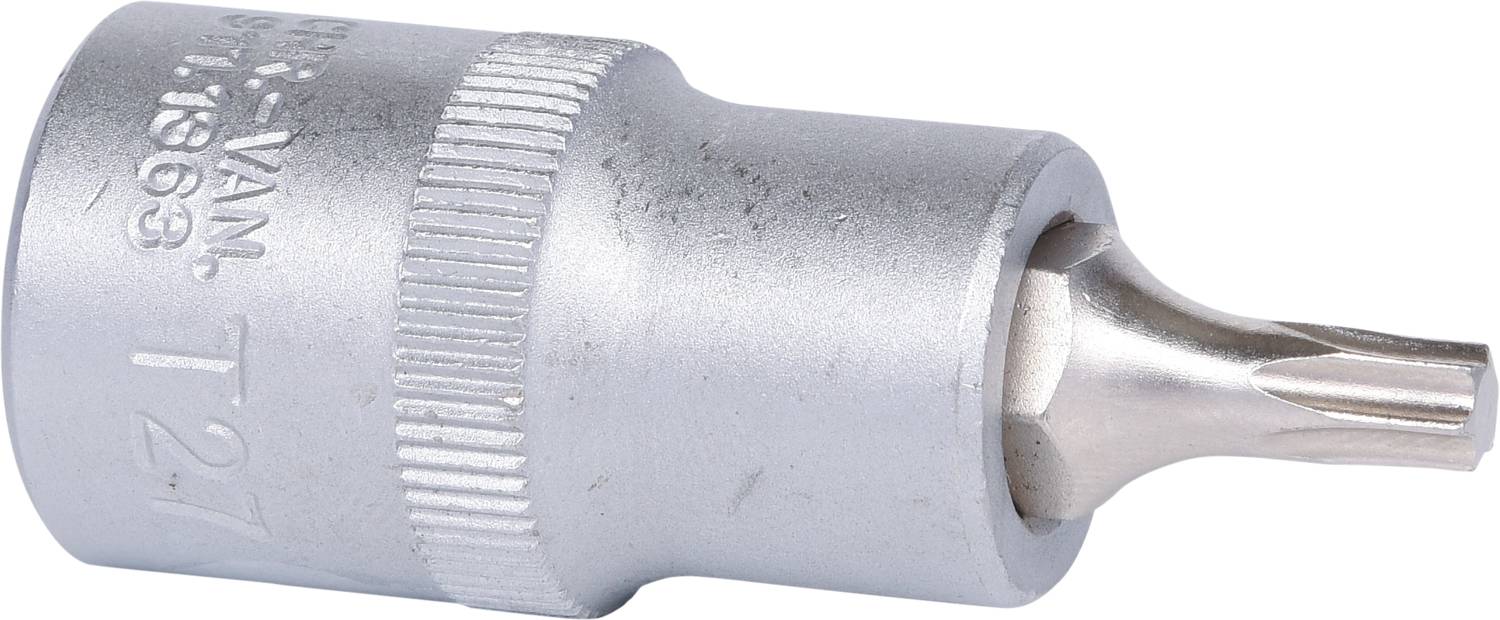 Torx-Bit T21, silberfarben, mit zylinderförmigem Schaft und geriffeltem Rand für besseren Halt.