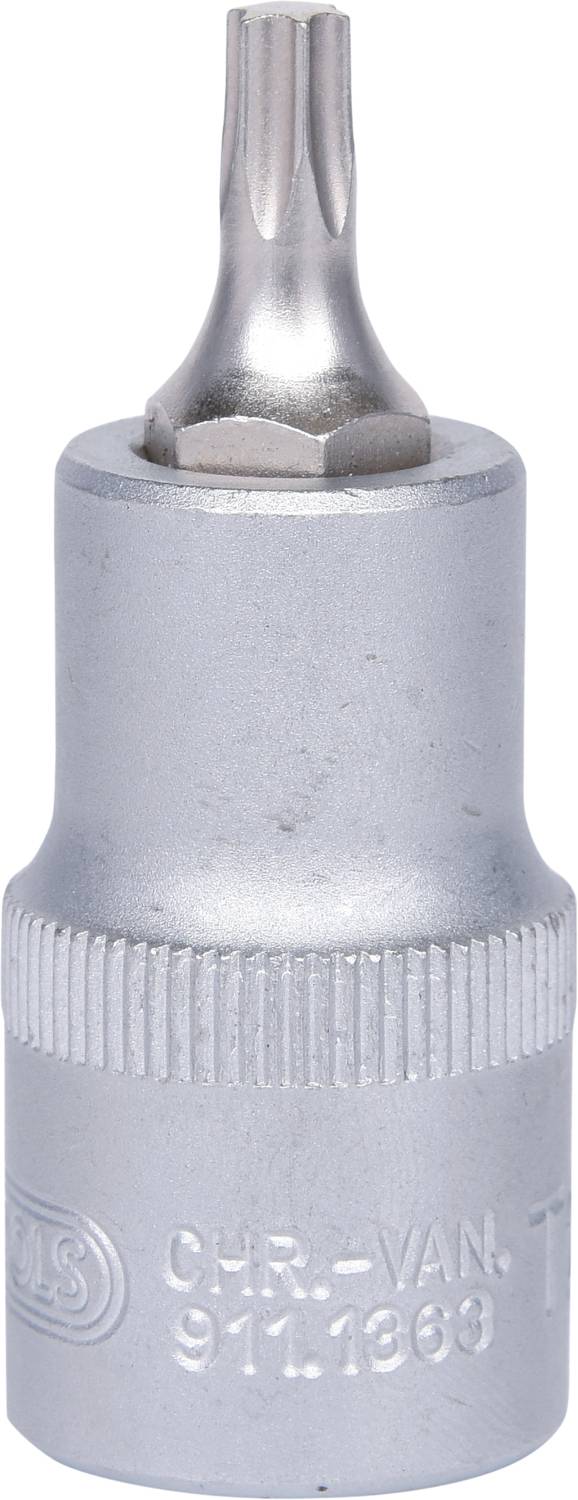 Ein silberner Torx-Bit mit geriffeltem Griff und Prägung auf der Seite, der für Schraubarbeiten verwendet wird.