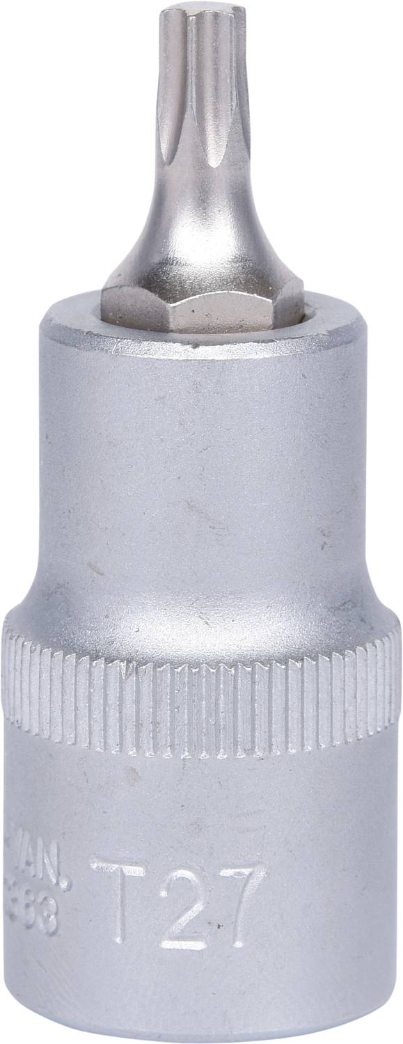 Metallischer Torx-Bit, Größe T27, auf zylindrischem silberfarbenem Griff mit geriffeltem Griffbereich und geprägtem Text.