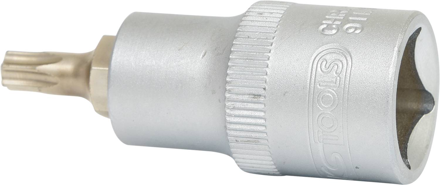 Metallischer Bitaufsatz für Schraubendreher, sechskantförmig mit geriffeltem Griff. Geeignet für präzise Arbeiten an Schrauben.