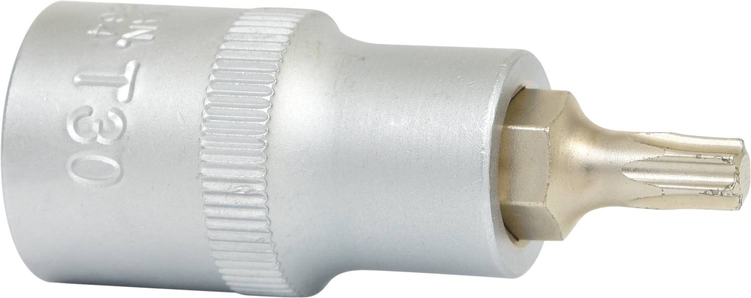 Ein silberner T30 Torx-Bitaufsatz aus Metall, seitlich gezeigt, mit markanter Riffelung für besseren Halt an der Basis.