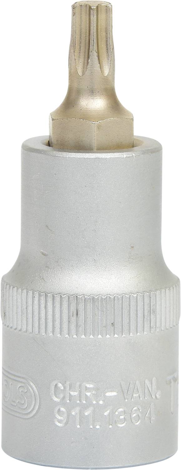 Silberner Schraubaufsatz mit zylindrischer Basis und sternförmigem Kopf. Geeignet für Torx-Schrauben.