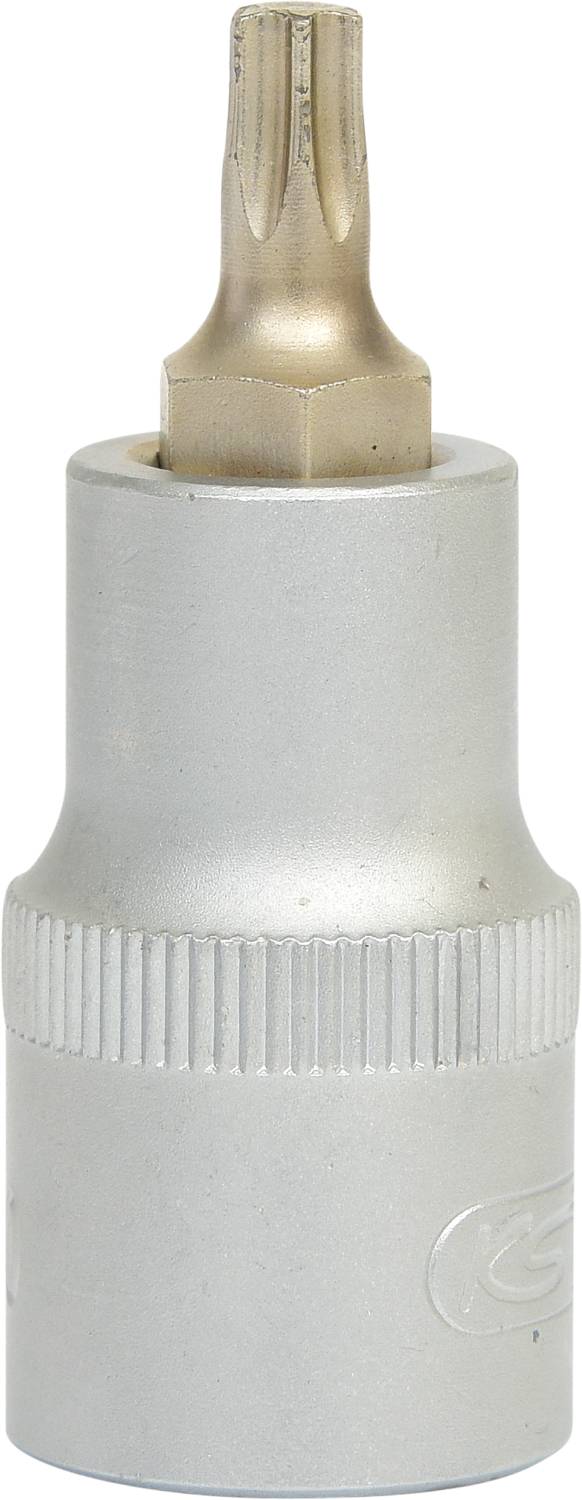 Metall-Steckschlüssel-Aufsatz mit geriffeltem Griff und sternförmiger Bit-Spitze.