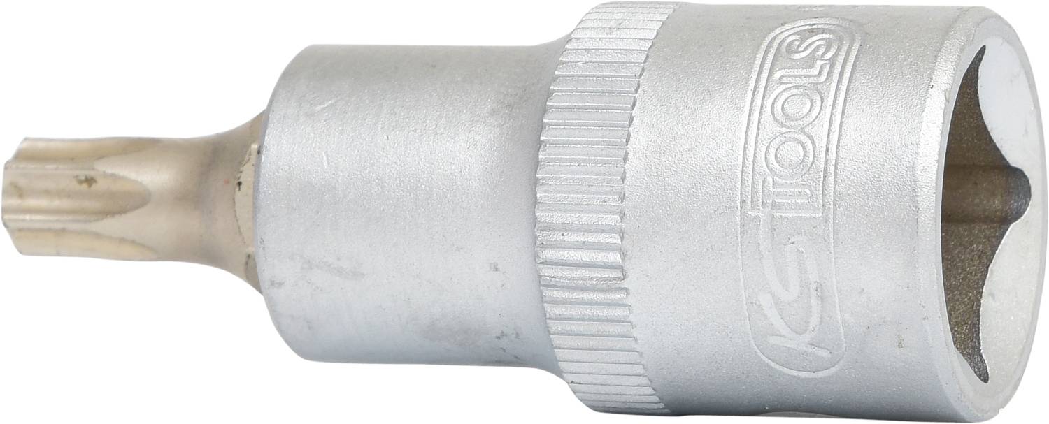 Ein silberner Steckschlüssel mit einem Torx-Bit, Aufschrift 'KS Tools', metallische Oberfläche, zylindrische Form.