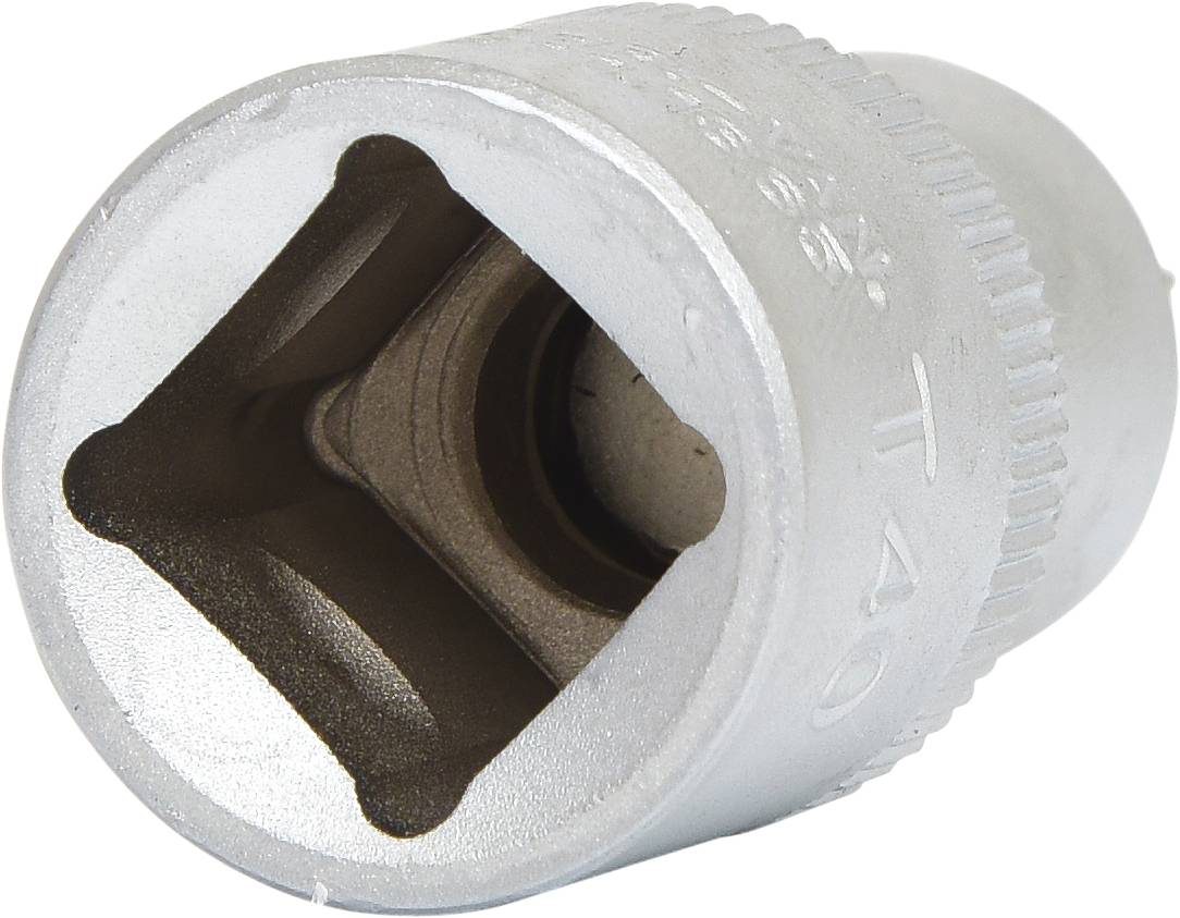 Metall-Steckschlüsselaufsatz mit quadratischer Öffnung und geriffeltem Griffrand, markiert mit 'T40'. Geeignet für Torx-Schrauben.