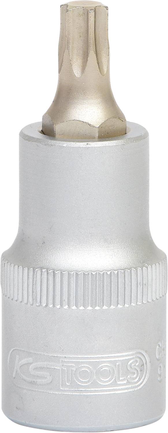 Ein silberner Steckschlüssel mit Vielzahnbit-Aufsatz, geeignet für die Verwendung in mechanischen Anwendungen und Reparaturen.