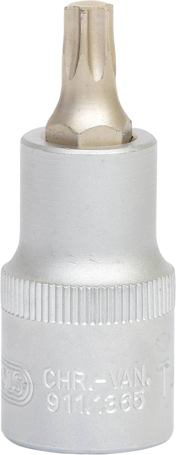 Ein silberner Torx-Bit-Aufsatz für Schraubenschlüssel, T-Größe, mit gerändeltem Griff für besseren Halt.