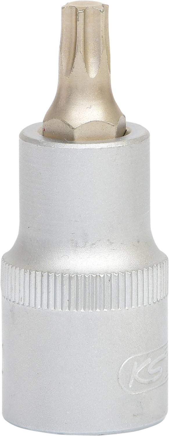 Ein silberner Torx-Bit mit gerändeltem Rand für besseren Halt, geeignet für Werkzeuge zum Anziehen oder Lösen von Schrauben.