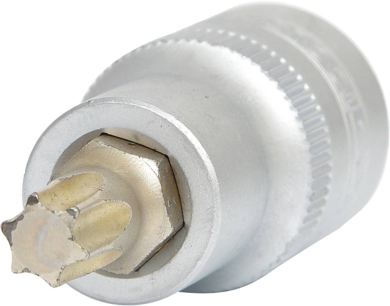 Ein silbernes Metallwerkzeug mit gezacktem Kopf, ähnlich einem speziellen Schraubenschlüsselaufsatz.