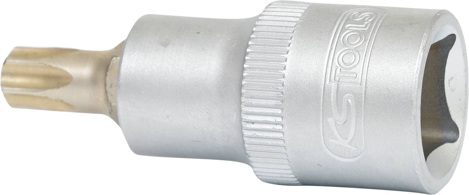 Ein silberner Torx-Bitaufsatz mit der Aufschrift 'KS Tools'. Geeignet zum Anziehen oder Lösen von Schrauben mit Torx-Kopf.