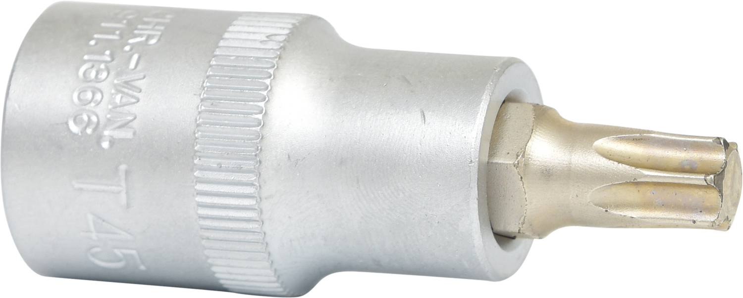 Torx-Bit-Einsatz T45, verchromt, sechskant, aus Stahl gefertigt, mit Rändelgriff für besseren Halt, geeignet für Werkzeugeinsätze.